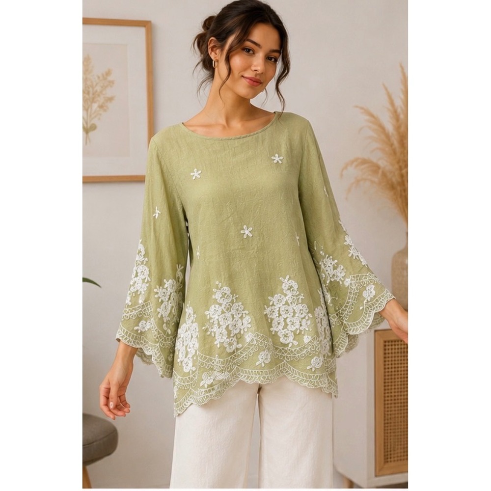 Ana & Rose Sage Embroidered Gauzy Boho Tunic Top Cottagecore Med Coastal Preppy